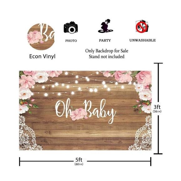 5x3 feet Rustic Wood Floral Baby Shower Banner Party Backdrop Oh Baby Photograph - Picture 2 of 2